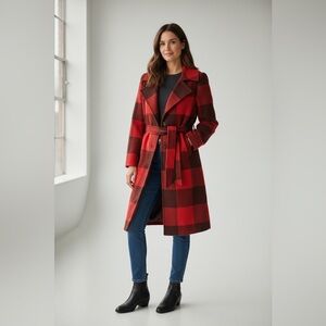 G By Giuliana Red & Dark Brown Plaid Belted Wool Coat